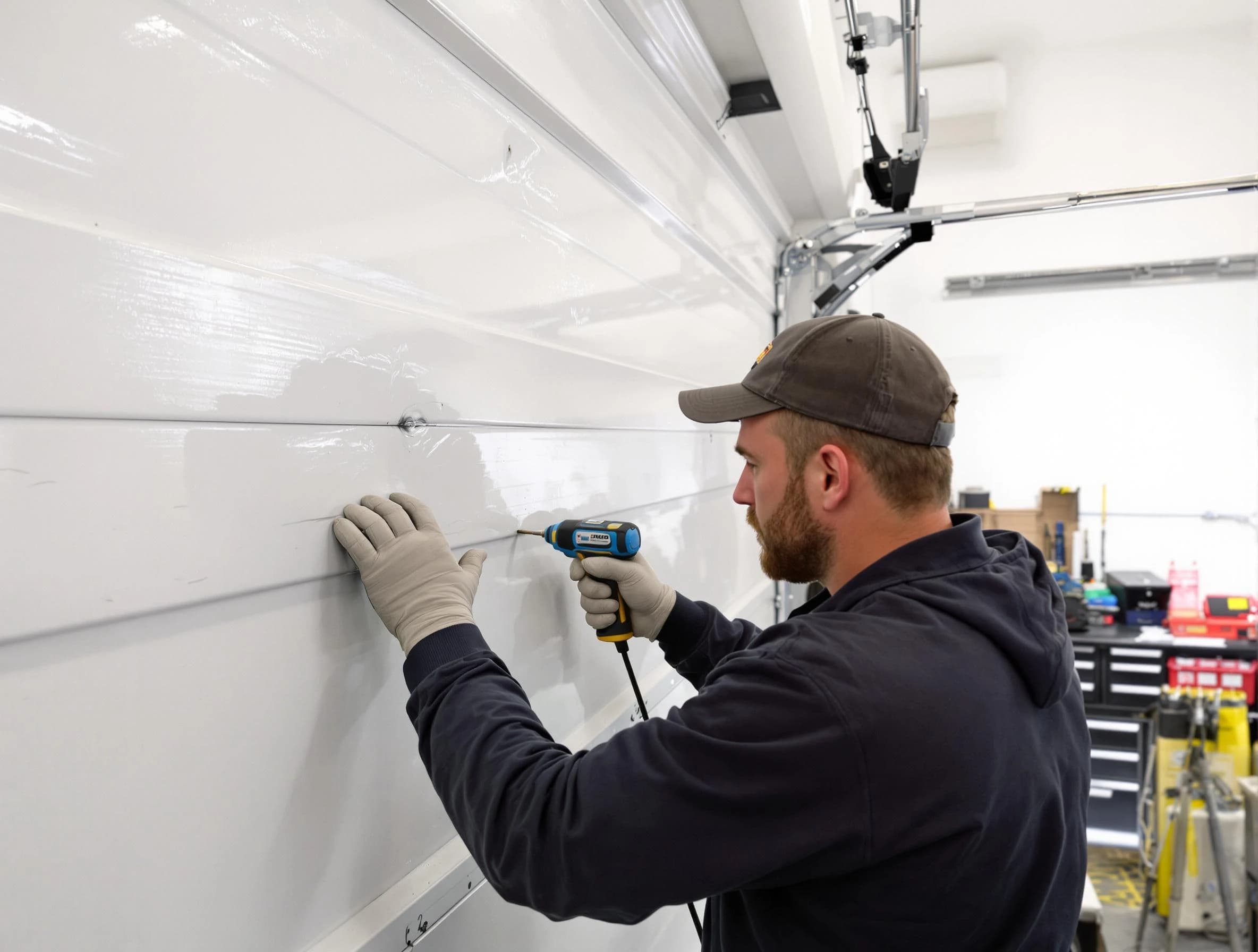 Alpine Garage Door Repair technician demonstrating precision dent removal techniques on a Alpine garage door