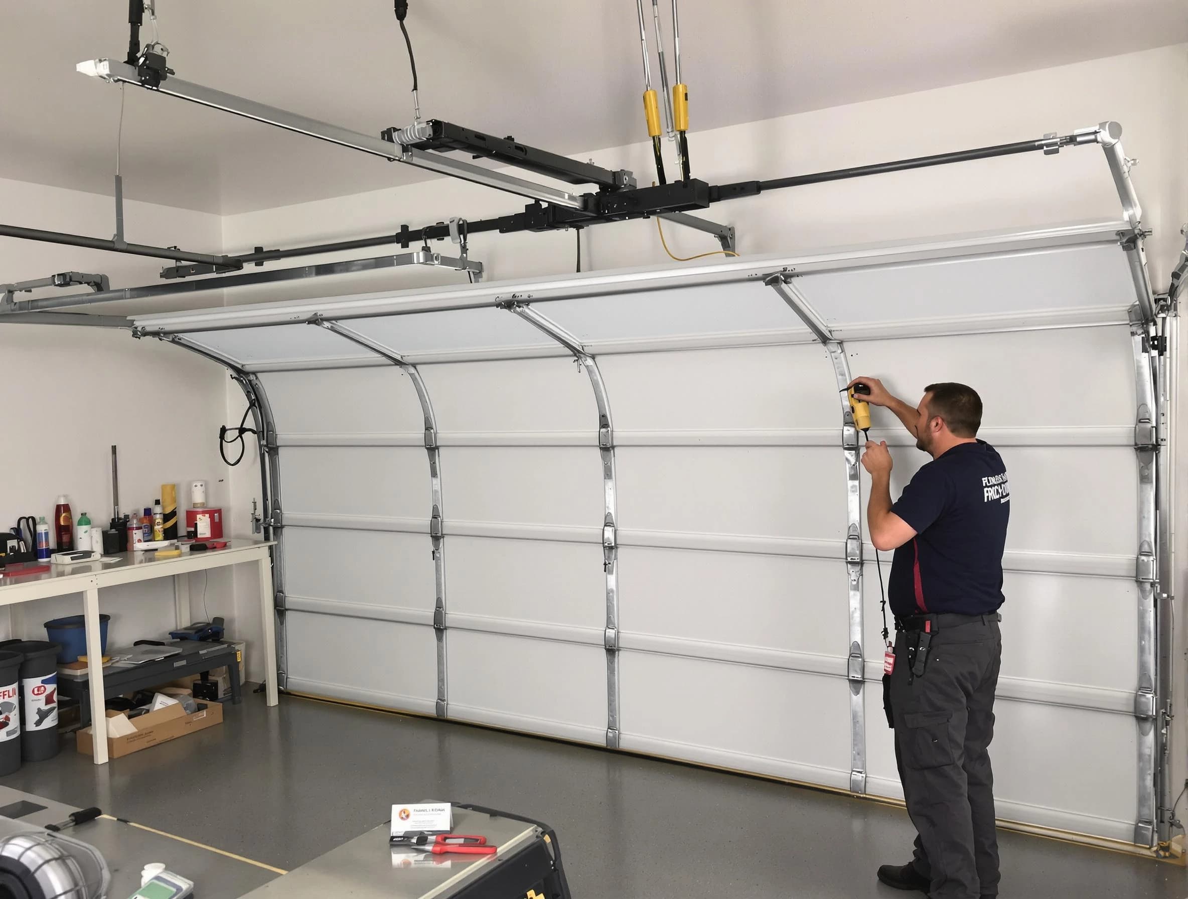 Alpine Garage Door Repair certified technician performing overhead door system repair in Alpine