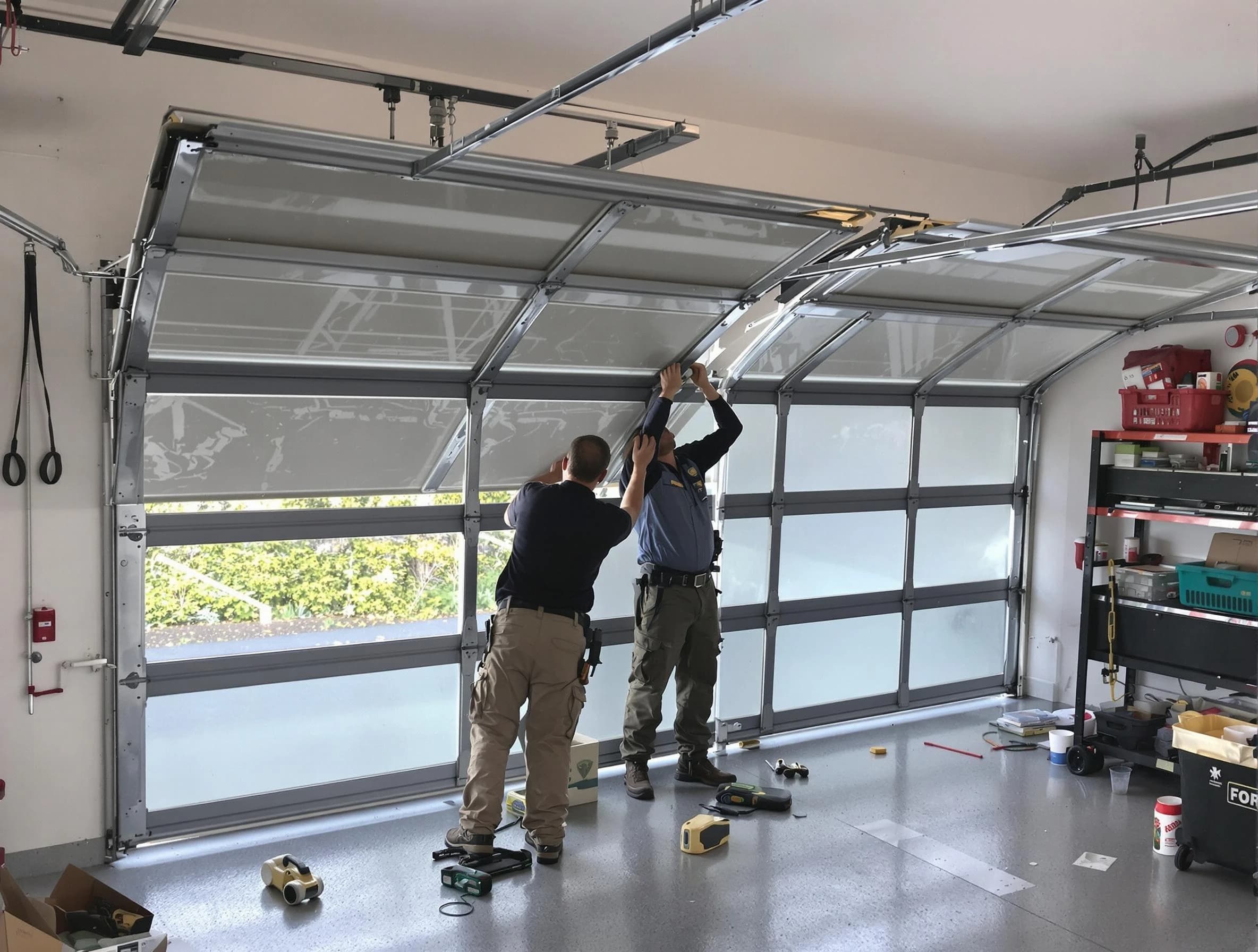 Alpine Garage Door Repair expert performing precise panel replacement on Alpine garage door
