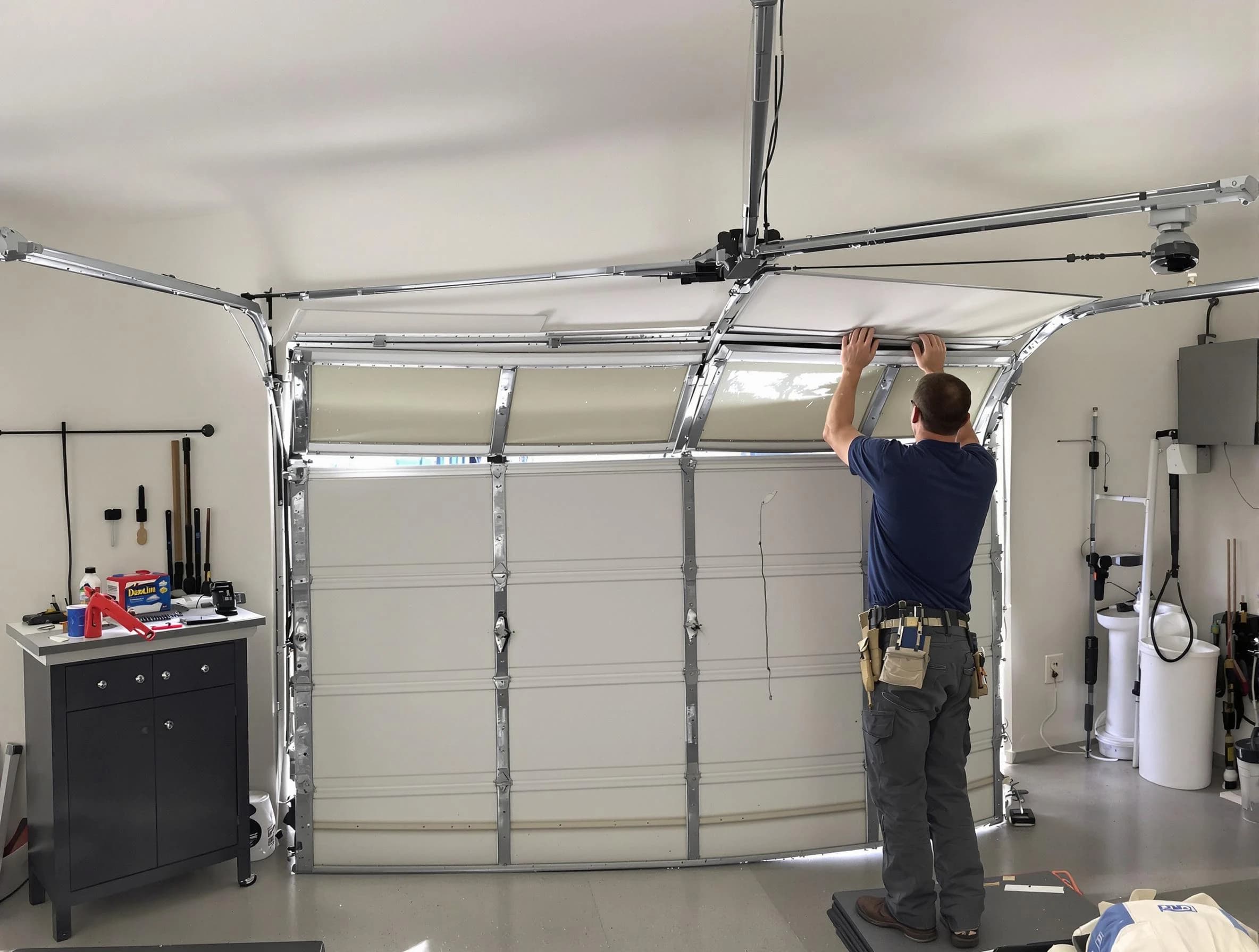 Alpine Garage Door Repair specialist performing precise section replacement on Alpine garage door