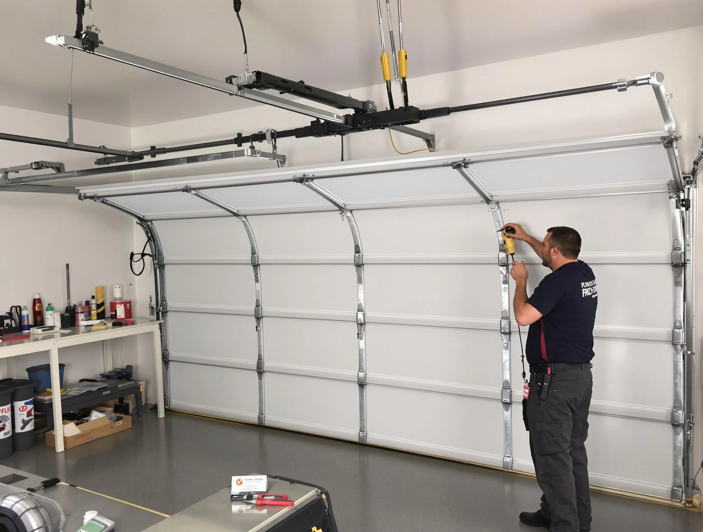 Alpine Garage Door Repair certified technician performing overhead door system repair in Alpine