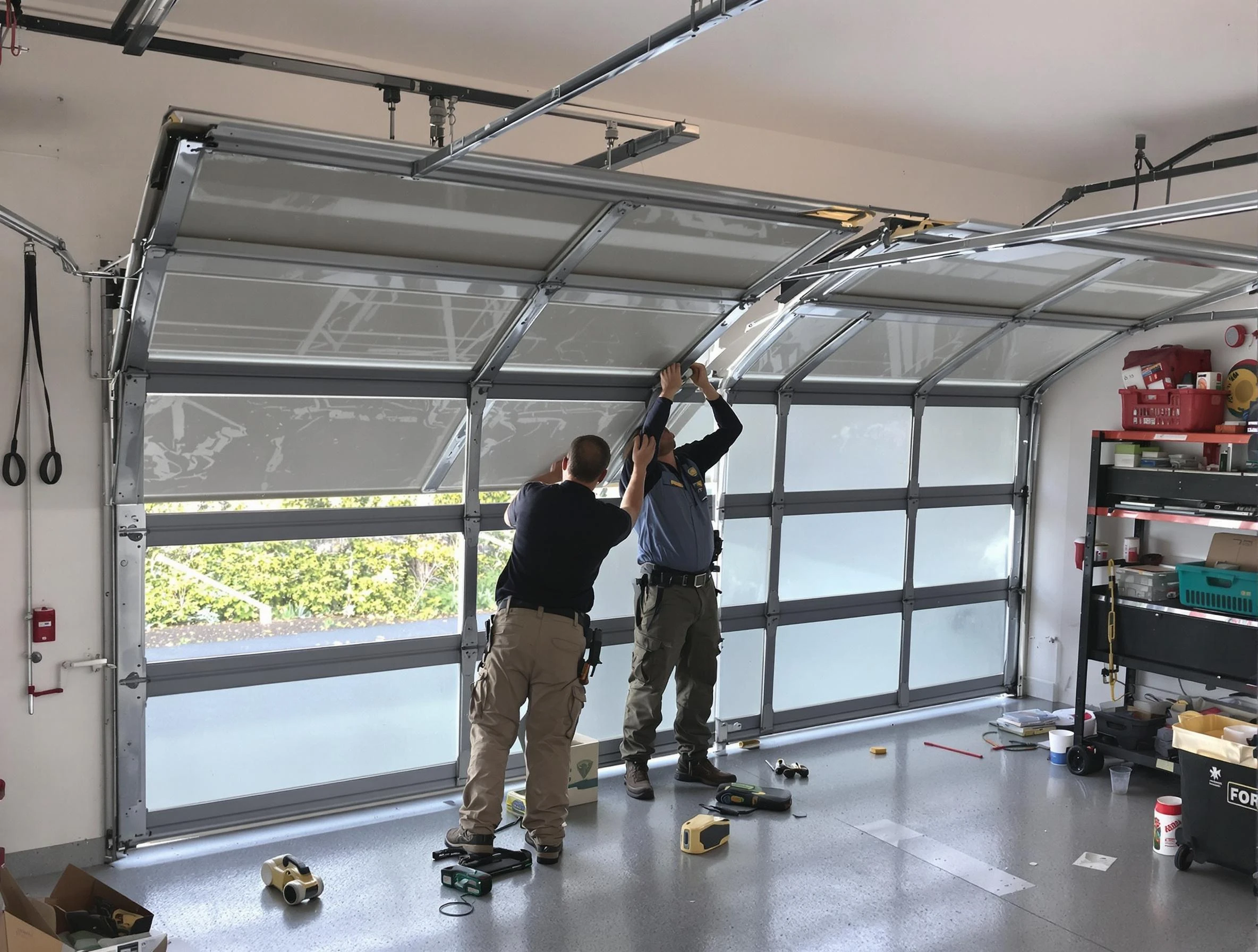 Alpine Garage Door Repair expert performing precise panel replacement on Alpine garage door
