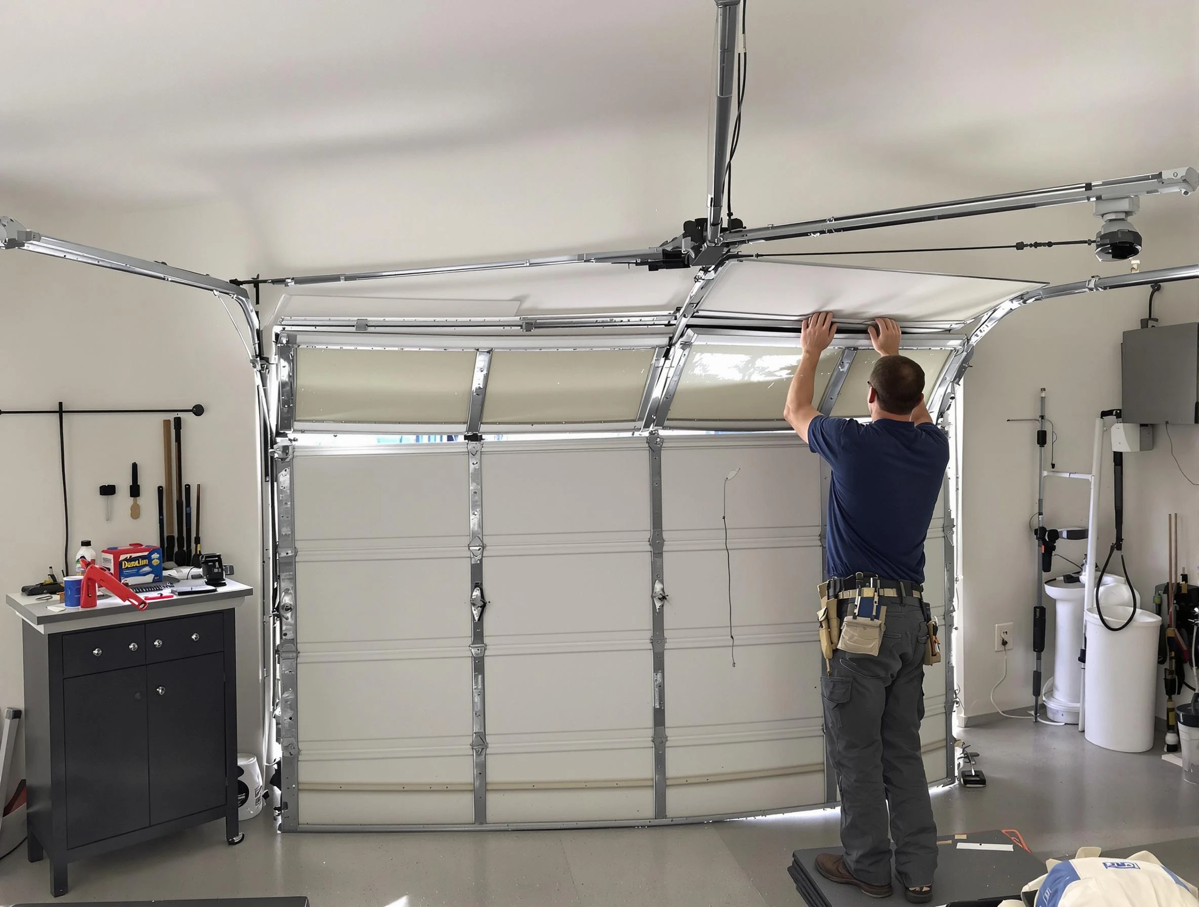 Alpine Garage Door Repair specialist performing precise section replacement on Alpine garage door